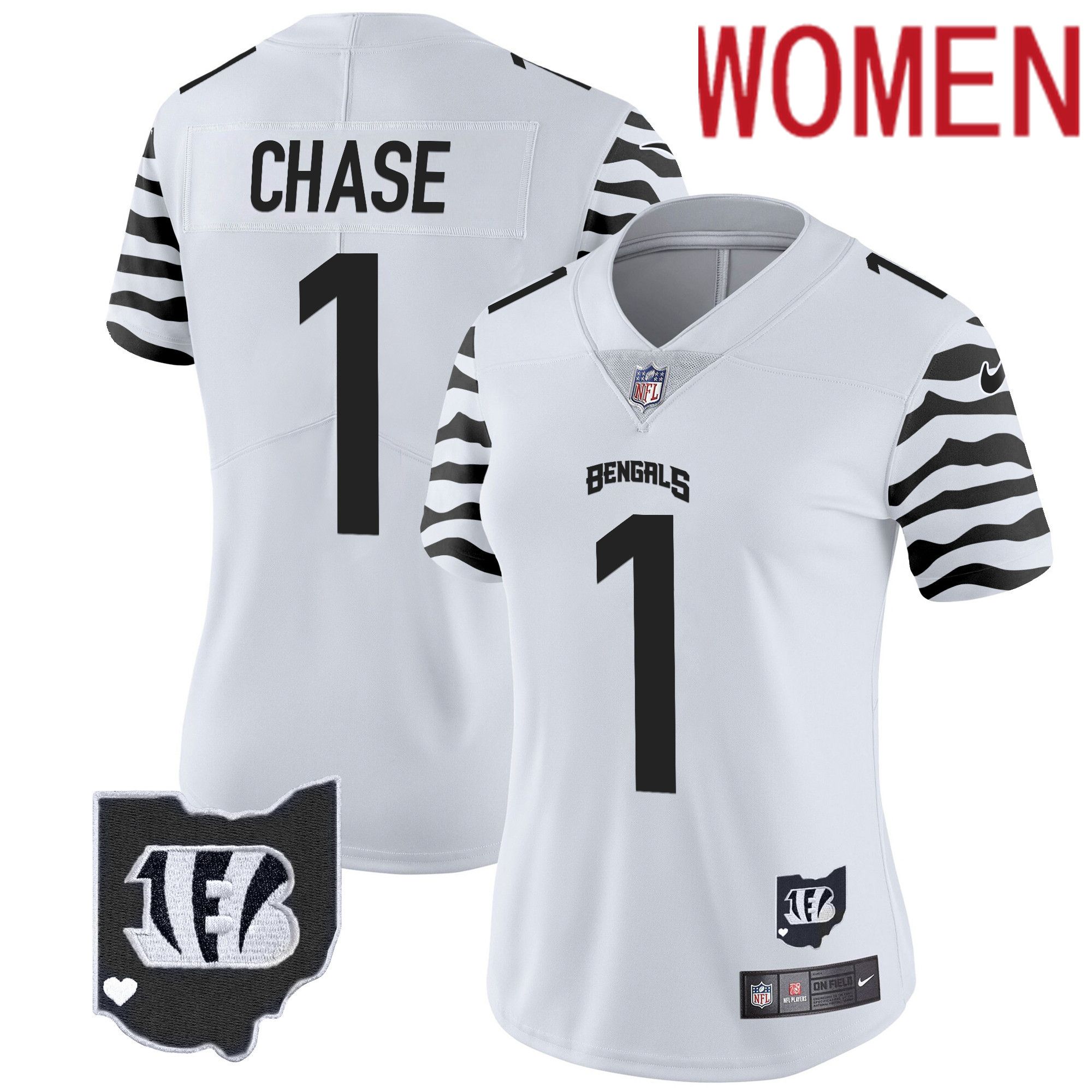 Women Cincinnati Bengals #1 Chase White 2024 Nike Stripes Vapor Limited NFL Jersey->women nfl jersey->Women Jersey